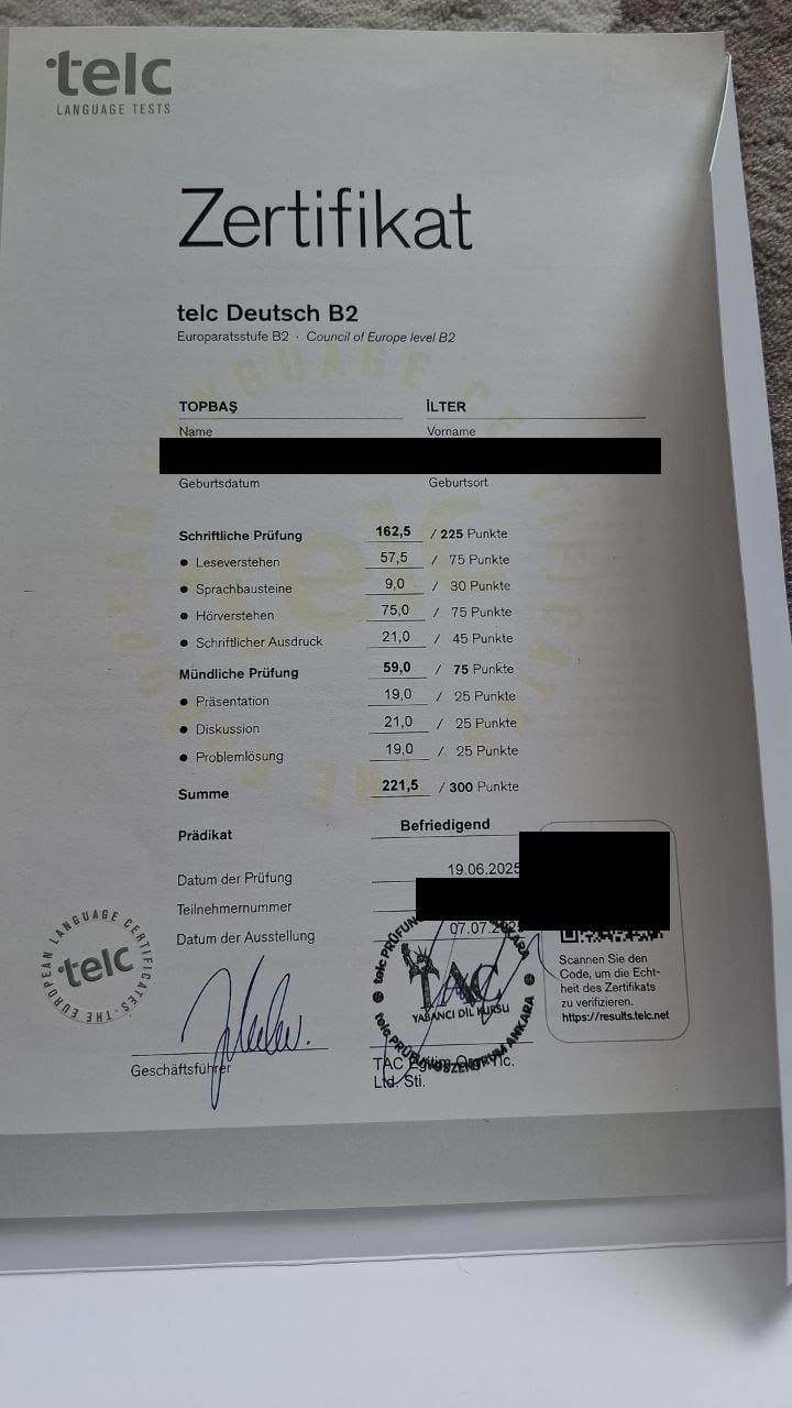 telc Deutsch B2 sertifikası, İlter Topbaş, 19 Haziran 2025